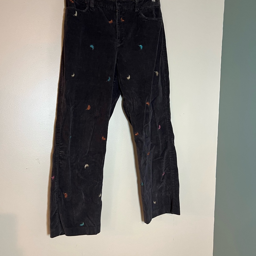 Rafaella Pants Women’s Dark Brown Corduroy Straight Leg Embroidered Feather READ